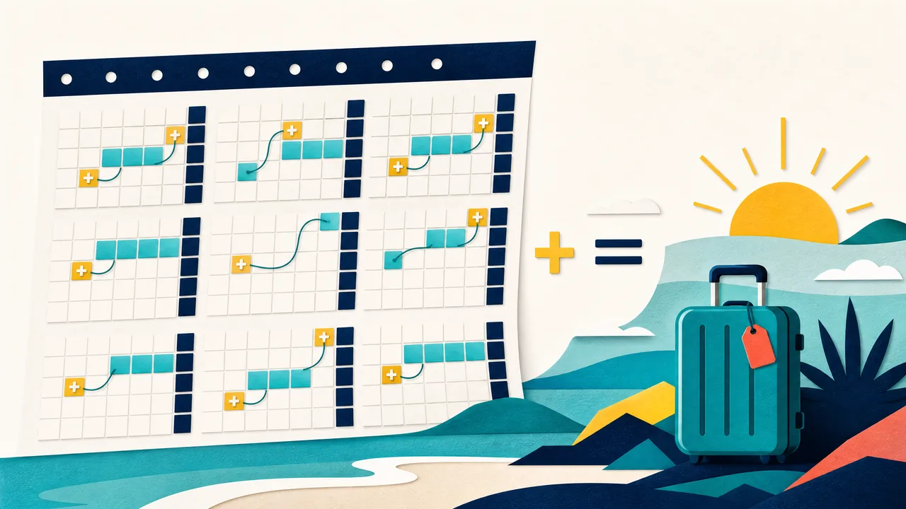 Calendário anual de 2027 com blocos de férias e feriados conectados
