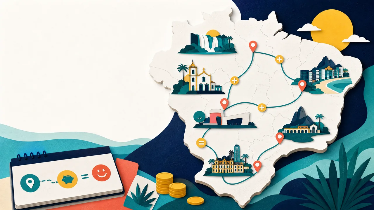 Mapa ilustrado do Brasil com destinos culturais, praias, parques e cachoeiras